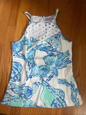 Lilly Pulitzer White Blue Turquoise Shell Print Halter Tank